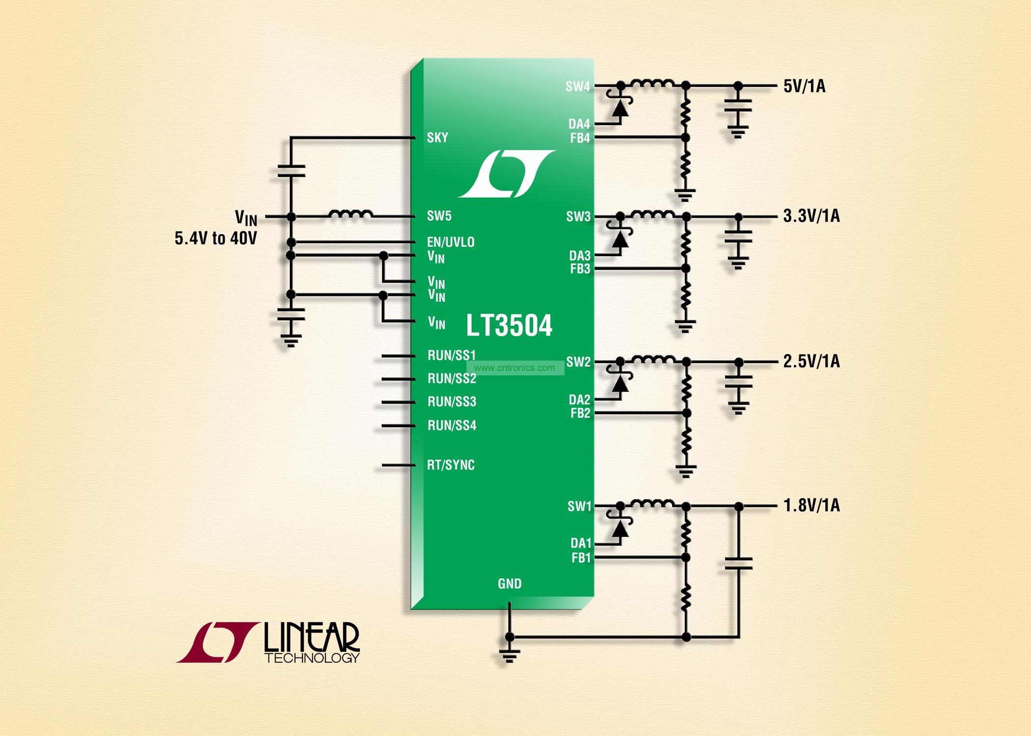 40V、4 通道 1A (IOUT)、2.2MHz 降壓型 DC/DC 轉(zhuǎn)換器