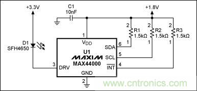 圖1：MAX44000典型電路，包括LED