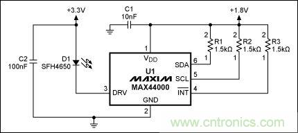 圖2：MAX44000典型電路，帶有發(fā)射器旁路