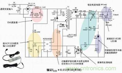 安森美半導體離線式第二代LED驅動器NCP1014/1028的應用示意圖。