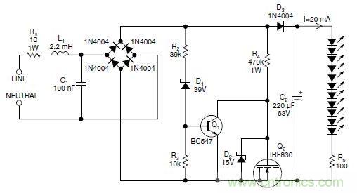 圖2：斬波工作類似圖1中的電路，但以較大的LED串聯(lián)電阻代替了恒流源，提供限流功能