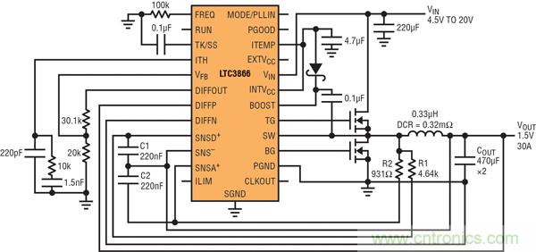 圖2：以非常低的DCR完成采樣的高效率、1.5V/30A降壓型轉(zhuǎn)換器