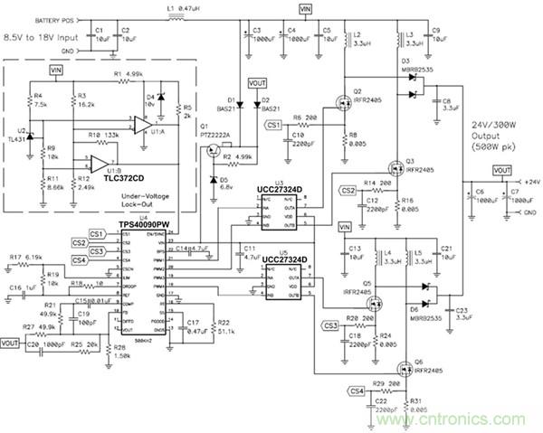 TPS40090 多相降壓控制器的 4 相、300W 升壓電源