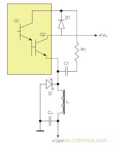 為了實現(xiàn)用兩個元器件提升電源轉(zhuǎn)換效率，芯片上應有針對驅(qū)動器晶體管Q1集電極的單獨引腳。