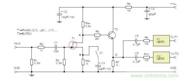 所示電路采用兩個工作在不同頻率下的555定時(shí)器，以獲取不同的音