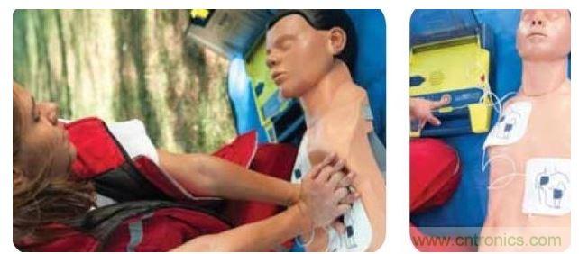 胸部按壓CPR(左圖)迫使血液循環(huán)，為大腦及其它生命器官供血，直到AED重啟心臟(右圖)。