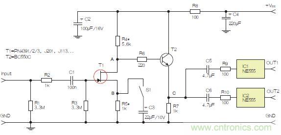 圖3：采用兩個(gè)工作在不同頻率下的555定時(shí)器電路，以獲取不同的音效。