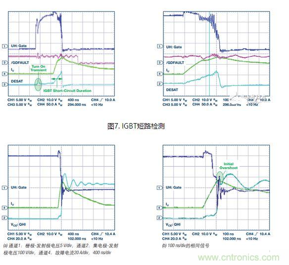 過流關(guān)斷時(shí)序延遲（通道1：柵極-發(fā)射極電壓10 V/div；通道2：來自 控制器的PWM信號5 V/div；通道3：低電平有效跳變信號5 V/div；100 ns/div）
