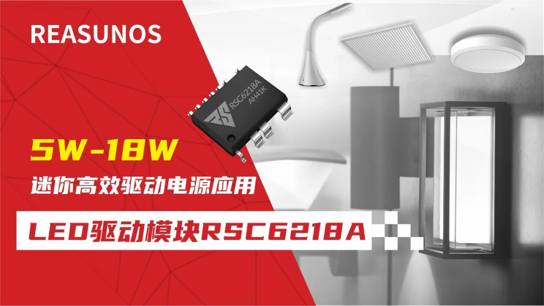 一、LED驅(qū)動模塊RSC6218A REASUNOS(瑞森半導(dǎo)體)通過持續(xù)投入研發(fā)，提升LLC應(yīng)用技術(shù)，集成控制芯片與功率轉(zhuǎn)換，成功推出新一代產(chǎn)品RSC6218A WSOP-16，延續(xù)瑞森LLC拓?fù)浞桨福瑫r機趨勢完全迎合我國雙碳政策，電氣特性契合新版國標(biāo)GB/T 17625.1-2022和歐盟新版ERP認(rèn)證EU2019/2020雙重法規(guī)，專為中小功率的產(chǎn)品提供優(yōu)秀的方案；接下來會分幾個篇章持續(xù)介紹新方案產(chǎn)品的應(yīng)用資料和設(shè)計實例分享：  RSC6218A功率模塊內(nèi)部集成CS-CP-LLC電源半橋模塊和功率轉(zhuǎn)換模塊，延續(xù)瑞森主題設(shè)計方向單級實現(xiàn)高PF無頻閃技術(shù)和LLC諧振軟開關(guān)技術(shù)方案：該型號適用于5-18W功率段；具備高轉(zhuǎn)換效率(90%+)，高PF(>0.96)，低THD(<10%)，小型化(縮小PCB面積10-25%)，通過優(yōu)化產(chǎn)品內(nèi)部設(shè)計提升產(chǎn)品內(nèi)部功率器件的開啟與關(guān)閉性能，避免干擾發(fā)生，最高工作頻率達(dá)200KHZ，實現(xiàn)WSOP-16封裝兼顧散熱與小型化；并且內(nèi)部可自動設(shè)置死區(qū)時間，讓方案可靠易設(shè)計。 產(chǎn)品可廣泛應(yīng)用于： 1.護(hù)眼系列燈具：如教室燈、辦公燈、護(hù)眼臺燈、壁燈、閱覽室燈等； 2.家居類燈具：如客廳燈、臥室燈、兒童房燈、廚房燈、走廊燈等； 3.軌道類燈具：地鐵照明、高鐵照明、隧道照明、車站照明等； 4.商照類燈具：筒燈、射燈、投射燈、 亮化燈、防爆燈等； 方案起到提供高效，穩(wěn)定，長壽命的作用。 二、產(chǎn)品功能框架  三、IC各PIN腳功能說明  PIN1 PGND 功率地，內(nèi)部是連接低邊MOS的S端地線； PIN2  NC  PIN3  HS 半橋MOS低邊漏極PIN； PIN4  HS 半橋MOS低邊漏極PIN； PIN5  HS 半橋MOS高邊源極PIN； PIN6  HS 半橋MOS高邊源極PIN； PIN7  NC  PIN8  HO 半橋MO高邊漏極； PIN9  HO 半橋MOS高邊漏極； PIN10 HB 半橋驅(qū)動高邊電源，通過外置的一個二極管與電容組成自舉回路，為高邊 MOS 的開啟提供電平； PIN11 VIN 高壓啟動的輸入腳，最高耐壓可達(dá)DC600V，啟動電流在1.7mA，一般應(yīng)用是從高壓電解處串接一個1206100K電阻引到PIN1，在整個環(huán)路還未建立起來時，是靠這個引腳的供電通過內(nèi)部連接到PIN6VCC，然后把VCC電容慢慢充電到芯片的啟動電壓后，芯片開始工作。整個環(huán)路建立起來后，VIN腳內(nèi)部關(guān)斷，VCC 通過外部變壓器輔助繞組供電維持正常工作； PIN12  VCC 信號電源引腳， 工作電壓范圍 8-20V，工作電流在 0.8mA，靜態(tài)工作電流是 720uA； PIN13  NC DT懸空腳； PIN14 FB  電壓反饋輸入，VFB中心值是1.2V，該引腳的功能主要是限定空載電壓的最大幅度，該芯片空載保護(hù)屬于打嗝模式，可以有效降低空載損耗，能效要求輕松符合小于0.5W的要求； PIN15  CS 電流采樣正弦波信號輸入該PIN腳是通過線路中的互感電感采樣得到全波的正弦波信號， 通過電阻轉(zhuǎn)換為電壓信號后，輸入到CS PIN腳， 內(nèi)部連接到壓控振蕩器，根據(jù)輸入進(jìn)來的電壓幅值大小，以及正弦波的頻率，壓控振蕩器輸出對應(yīng)的方波來控制LG與HG端的MOS開關(guān)頻率，實現(xiàn)恒流調(diào)節(jié)控制； PIN16  AGND 信號地參考電平，主要連接 VCC，F(xiàn)B 對應(yīng) PIN 腳的元件地線。 四、關(guān)鍵PIN腳參數(shù)設(shè)定范圍  五、典型應(yīng)用原理圖  關(guān)注瑞森半導(dǎo)體公眾號，接下來持續(xù)分享具體案例的設(shè)計參考文檔，攜手各伙伴們實現(xiàn)新版國標(biāo)GB/T17625.1-2022的順利達(dá)標(biāo)，為工程師縮短開發(fā)周期，讓工廠端得到滿意的產(chǎn)品，給客戶一個滿意的答卷，得到需要的利潤空間。