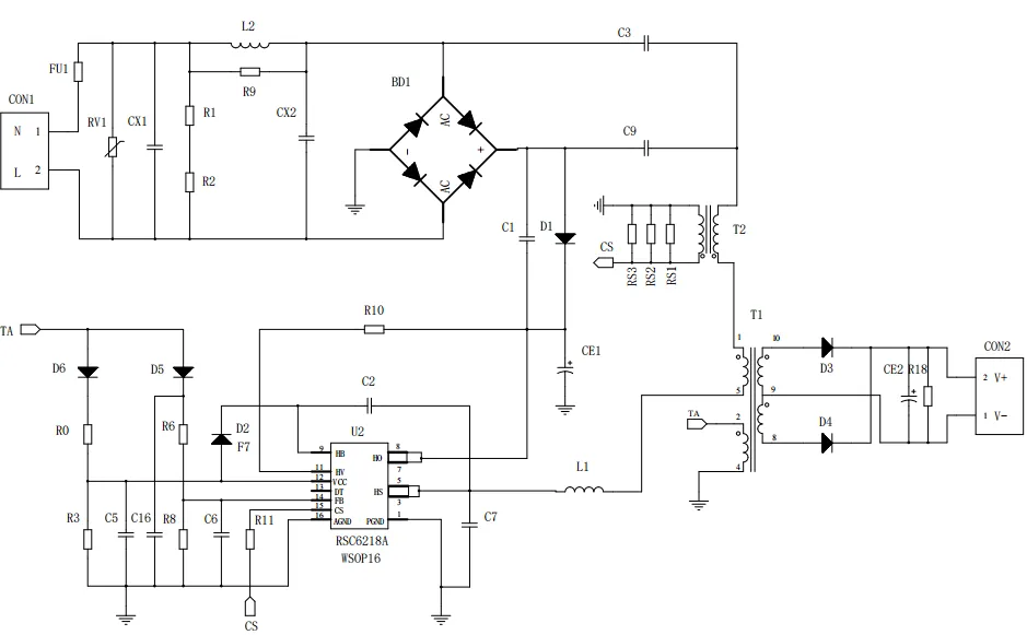 一、LED驅(qū)動模塊RSC6218A REASUNOS(瑞森半導(dǎo)體)通過持續(xù)投入研發(fā)，提升LLC應(yīng)用技術(shù)，集成控制芯片與功率轉(zhuǎn)換，成功推出新一代產(chǎn)品RSC6218A WSOP-16，延續(xù)瑞森LLC拓?fù)浞桨?，時機趨勢完全迎合我國雙碳政策，電氣特性契合新版國標(biāo)GB/T 17625.1-2022和歐盟新版ERP認(rèn)證EU2019/2020雙重法規(guī)，專為中小功率的產(chǎn)品提供優(yōu)秀的方案；接下來會分幾個篇章持續(xù)介紹新方案產(chǎn)品的應(yīng)用資料和設(shè)計實例分享：  RSC6218A功率模塊內(nèi)部集成CS-CP-LLC電源半橋模塊和功率轉(zhuǎn)換模塊，延續(xù)瑞森主題設(shè)計方向單級實現(xiàn)高PF無頻閃技術(shù)和LLC諧振軟開關(guān)技術(shù)方案：該型號適用于5-18W功率段；具備高轉(zhuǎn)換效率(90%+)，高PF(>0.96)，低THD(<10%)，小型化(縮小PCB面積10-25%)，通過優(yōu)化產(chǎn)品內(nèi)部設(shè)計提升產(chǎn)品內(nèi)部功率器件的開啟與關(guān)閉性能，避免干擾發(fā)生，最高工作頻率達(dá)200KHZ，實現(xiàn)WSOP-16封裝兼顧散熱與小型化；并且內(nèi)部可自動設(shè)置死區(qū)時間，讓方案可靠易設(shè)計。 產(chǎn)品可廣泛應(yīng)用于： 1.護(hù)眼系列燈具：如教室燈、辦公燈、護(hù)眼臺燈、壁燈、閱覽室燈等； 2.家居類燈具：如客廳燈、臥室燈、兒童房燈、廚房燈、走廊燈等； 3.軌道類燈具：地鐵照明、高鐵照明、隧道照明、車站照明等； 4.商照類燈具：筒燈、射燈、投射燈、 亮化燈、防爆燈等； 方案起到提供高效，穩(wěn)定，長壽命的作用。 二、產(chǎn)品功能框架  三、IC各PIN腳功能說明  PIN1 PGND 功率地，內(nèi)部是連接低邊MOS的S端地線； PIN2  NC  PIN3  HS 半橋MOS低邊漏極PIN； PIN4  HS 半橋MOS低邊漏極PIN； PIN5  HS 半橋MOS高邊源極PIN； PIN6  HS 半橋MOS高邊源極PIN； PIN7  NC  PIN8  HO 半橋MO高邊漏極； PIN9  HO 半橋MOS高邊漏極； PIN10 HB 半橋驅(qū)動高邊電源，通過外置的一個二極管與電容組成自舉回路，為高邊 MOS 的開啟提供電平； PIN11 VIN 高壓啟動的輸入腳，最高耐壓可達(dá)DC600V，啟動電流在1.7mA，一般應(yīng)用是從高壓電解處串接一個1206100K電阻引到PIN1，在整個環(huán)路還未建立起來時，是靠這個引腳的供電通過內(nèi)部連接到PIN6VCC，然后把VCC電容慢慢充電到芯片的啟動電壓后，芯片開始工作。整個環(huán)路建立起來后，VIN腳內(nèi)部關(guān)斷，VCC 通過外部變壓器輔助繞組供電維持正常工作； PIN12  VCC 信號電源引腳， 工作電壓范圍 8-20V，工作電流在 0.8mA，靜態(tài)工作電流是 720uA； PIN13  NC DT懸空腳； PIN14 FB  電壓反饋輸入，VFB中心值是1.2V，該引腳的功能主要是限定空載電壓的最大幅度，該芯片空載保護(hù)屬于打嗝模式，可以有效降低空載損耗，能效要求輕松符合小于0.5W的要求； PIN15  CS 電流采樣正弦波信號輸入該PIN腳是通過線路中的互感電感采樣得到全波的正弦波信號， 通過電阻轉(zhuǎn)換為電壓信號后，輸入到CS PIN腳， 內(nèi)部連接到壓控振蕩器，根據(jù)輸入進(jìn)來的電壓幅值大小，以及正弦波的頻率，壓控振蕩器輸出對應(yīng)的方波來控制LG與HG端的MOS開關(guān)頻率，實現(xiàn)恒流調(diào)節(jié)控制； PIN16  AGND 信號地參考電平，主要連接 VCC，F(xiàn)B 對應(yīng) PIN 腳的元件地線。 四、關(guān)鍵PIN腳參數(shù)設(shè)定范圍  五、典型應(yīng)用原理圖  關(guān)注瑞森半導(dǎo)體公眾號，接下來持續(xù)分享具體案例的設(shè)計參考文檔，攜手各伙伴們實現(xiàn)新版國標(biāo)GB/T17625.1-2022的順利達(dá)標(biāo)，為工程師縮短開發(fā)周期，讓工廠端得到滿意的產(chǎn)品，給客戶一個滿意的答卷，得到需要的利潤空間。